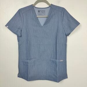 Figs Casma Scrub Top Womens XS Heather Denim Gray V-Neck Pockets Short Sleeve 72